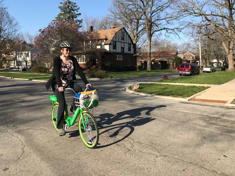Anne Alt takes a LimeBike for a spin in Beverly. Photo: John Greenfield