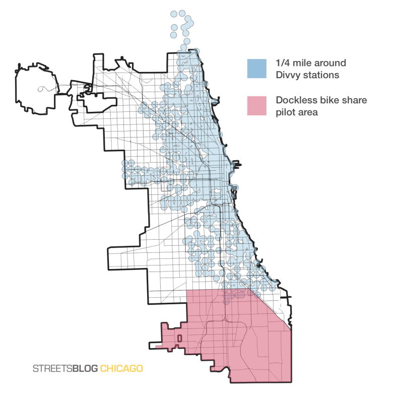 The DoBi pilot has expanded the area of the city with bike-share access by roughly 50 percent, but big areas of the Southwest and Northwest sides still don't have shared bikes. Map: Steven Vance
