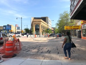 The new plaza created by pedestrianizing a stretch of Racine by the Riviera Theater. The raised area in the center is a pedestal for a new sculpture. Photo: John Greenfield
