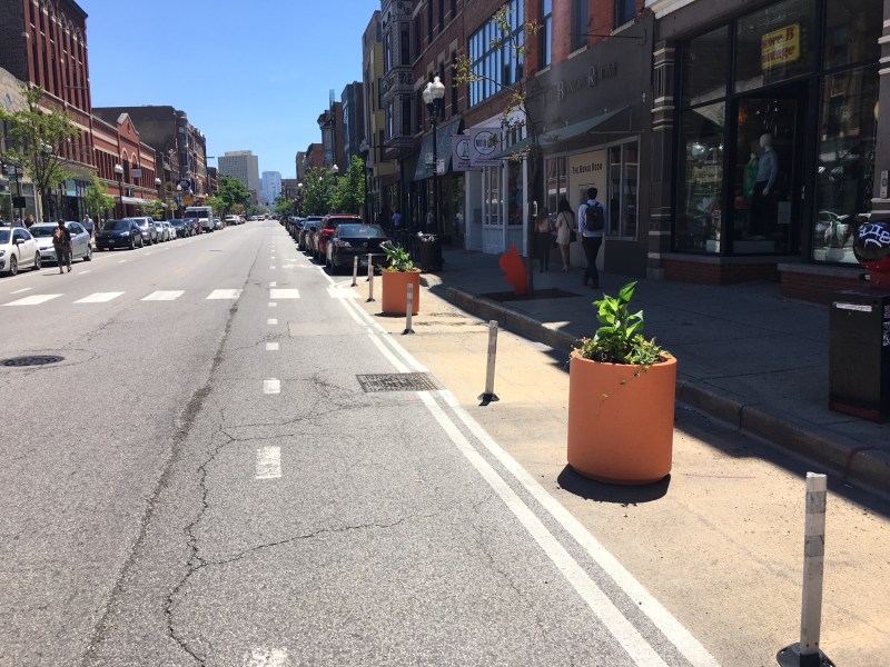 Planters beef up the bump-outs at Milwaukee and Honore. Photo: Steven Vance