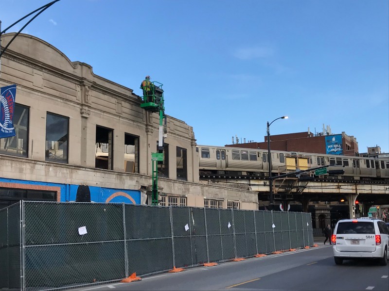 Demolition begins on the vintage building at the northeast corner of Roscoe and Clark, formerly home to the Big Cheese Poutinerie, on April 2. Photo: John Greenfield
