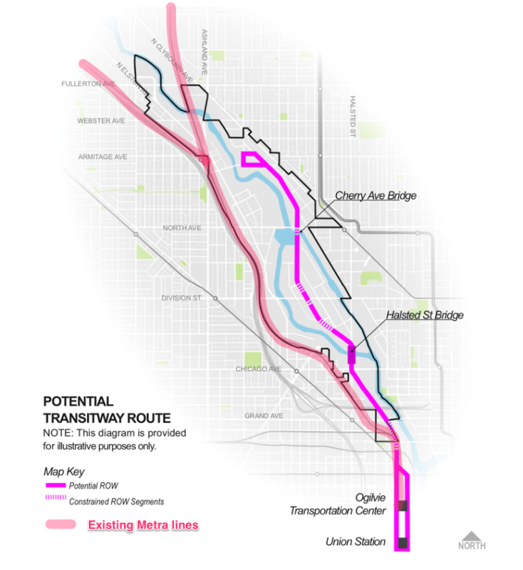 The planning department’s framework plan shows a potential “transitway” route between Goose Island and Metra stations in the West Loop, which two Metra routes already serve. The Clybourn station is at the diverging point of the two routes. Map from Department of Planning and Development, with Metra lines highlighted in red for emphasis.