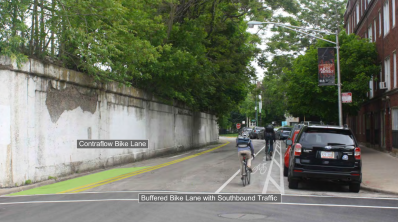 Rendering of the contraflow bike lane on the southbound stretch of Glenwood north of Pratt. Image: CDOT