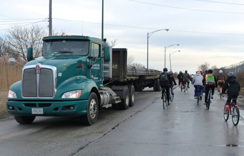 New buffered lanes on Stony Island Avenue near Lake Calumet will make cycling to Big Marsh bike park a bit safer, although truck traffic will still be a hazard. Photo: Slow Roll Chicago