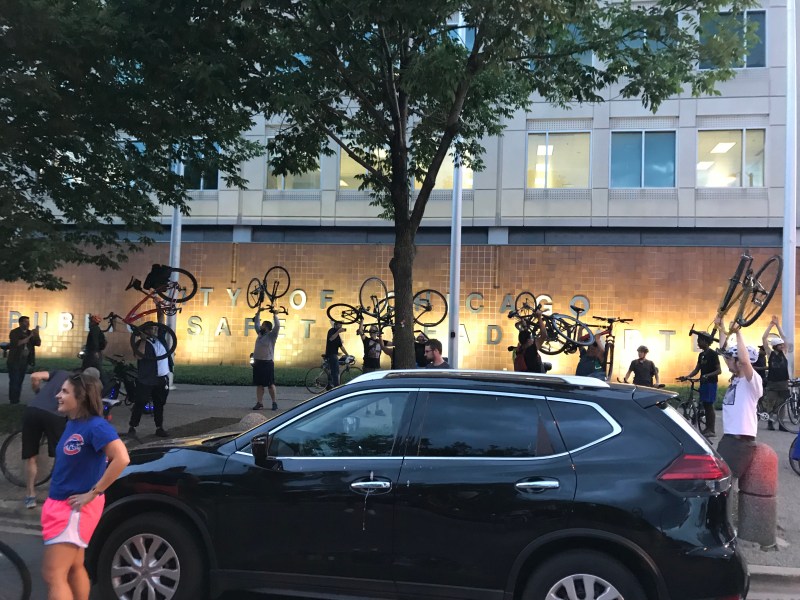 Riders do a "Chicago Hold-up" in front of the main police headquarters. Photo: John Greenfield