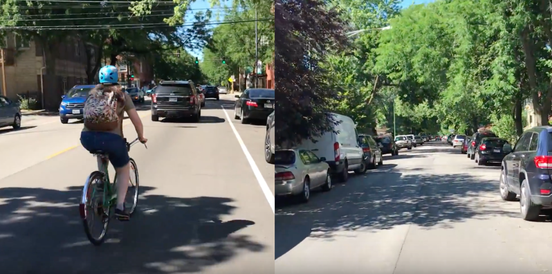 The 3500 block of North Damen versus the same block of North Leavitt, a quarter-mile west.
