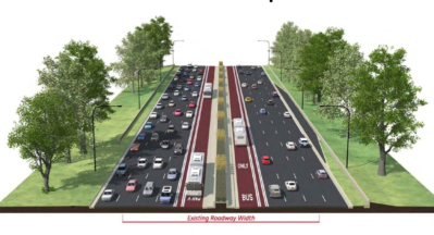 Rendering of a 10-lane North LSD with dedicated bus lanes. Image via Michelle Stenzel