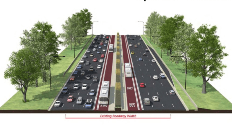 Rendering of a 10-lane North LSD with dedicated bus lanes. Image via Michelle Stenzel