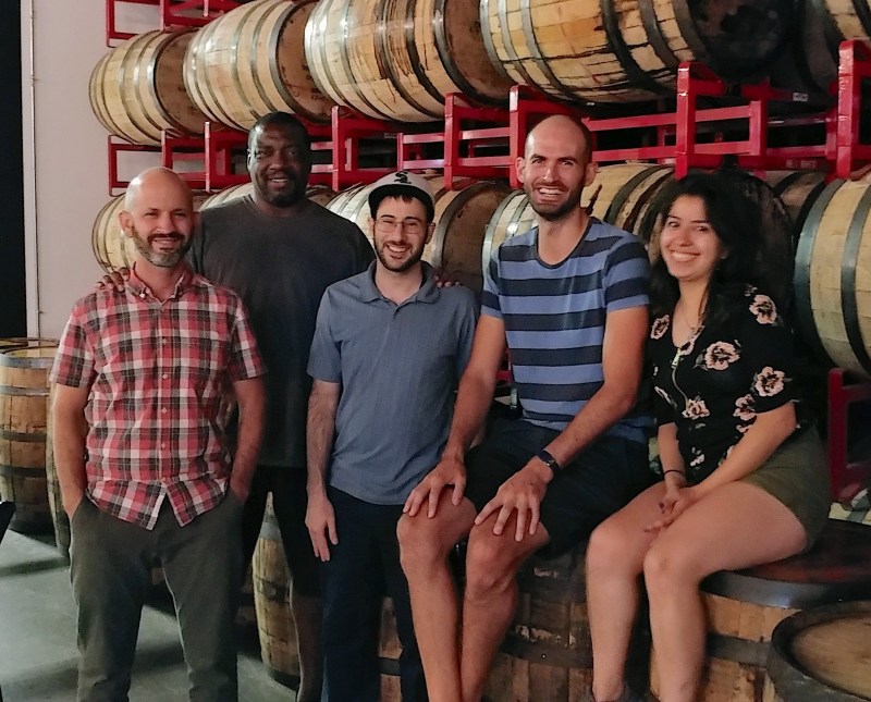 Streetsblog Chicago writers John Greenfield, James Porter, Jeff Zoline, Steven Vance, and Lynda Lopez at RevBrew. Photo: A.J. LaTrace