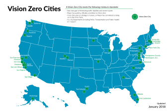 About 30 U.S. cities have committed to Vision Zero, but that's the easy part. Map: Vision Zero Network