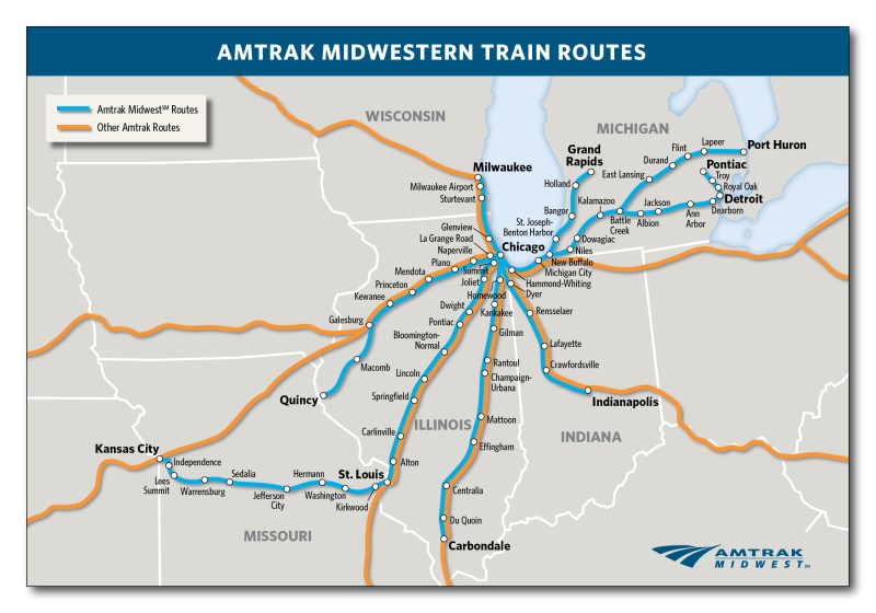 Amtrak's 2018 midwestern network.