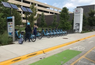 The Divvy station installed today at Malcolm X College.  Photo: John Greenfied