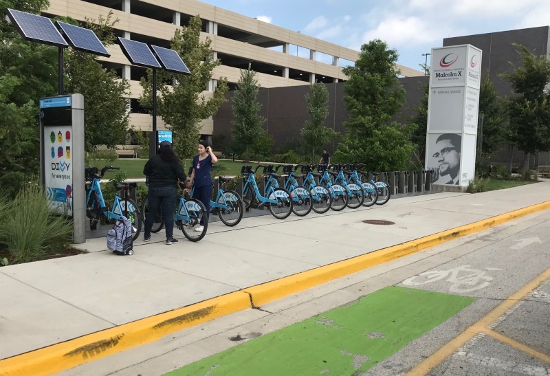 The Divvy station installed today at Malcolm X College. Photo: John Greenfied