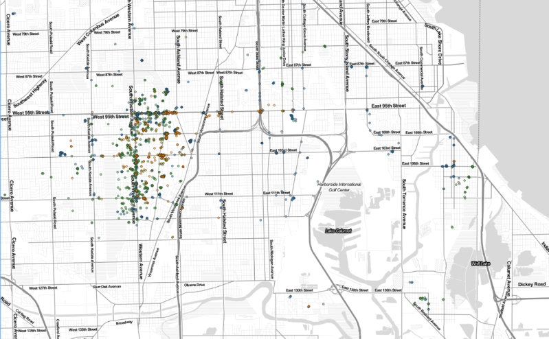 Dots (green for LimeBike, blue for Pace, and orange for Ofo) show where DoBi trips began in May and June, mostly clustered in and around Beverly. Map: Steven Vance