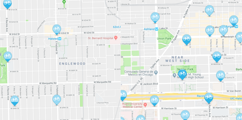 Divvy stations tend to be farther apart in Englewood, left, than on the Near West Side. Both communities will be getting more stations.