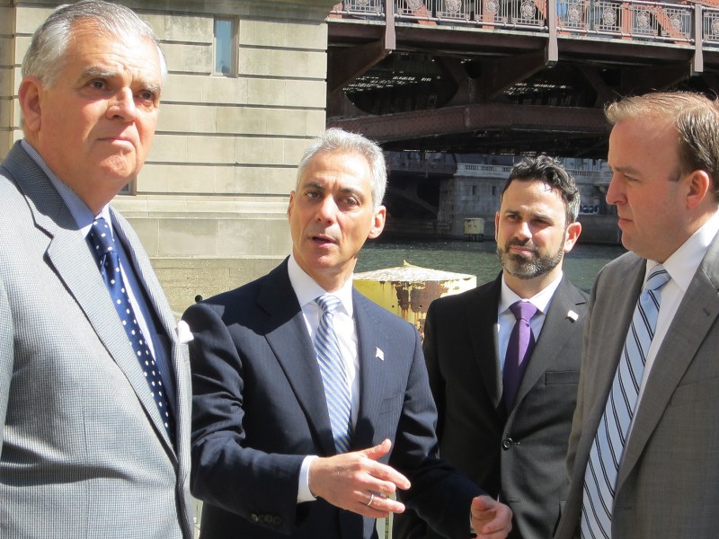 Ray LaHood, Rahm Emanuel, former Chicago transportation chief Gabe Klein, and downtown alderman Brendan Reilly discuss the Chicago Riverwalk plan in 2013. Photo: John Greenfield