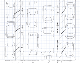 On streets as narrow as 44 feet, wide buffers next to the parking lanes can help keep cyclists out of the way of car doors. Image: John Greenfield