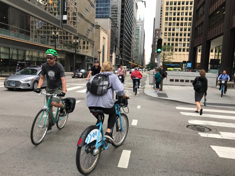Facilities like the Dearborn two-way protected bike lane help make Chicago a good place to bike, but it's still not a truly great cycling city yet. Photo: John Greenfield