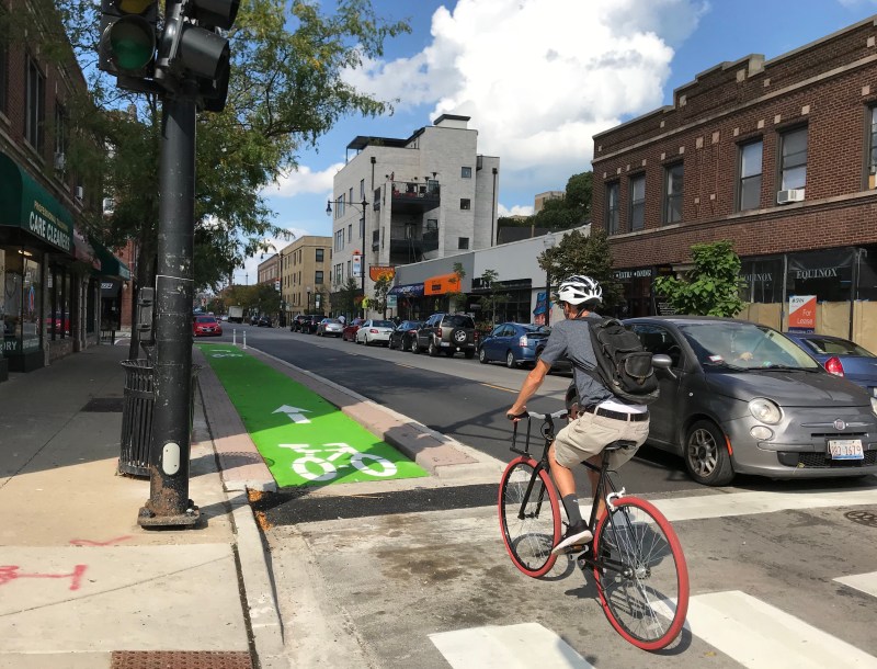 The Roscoe Greenway features a contraflow bike lane on the west side of Broadway to facilitate a northbound jog. Photo: John Greenfield