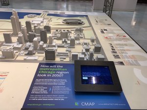 A touch screen for collecting Go To 2050 input at the Chicago Architecture Foundation headquarters. Photo CMAP
