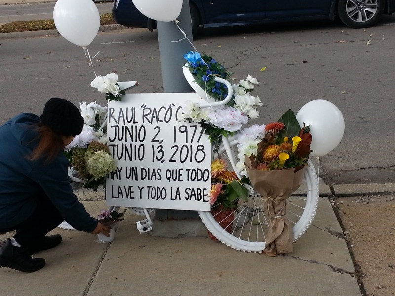 Ghost bike memorial for cyclist Raul Ortiz-Gomez, who was fatally struck by an Uber driver in West Town last June. Photo by Tom Krystyn via The Chainlink.