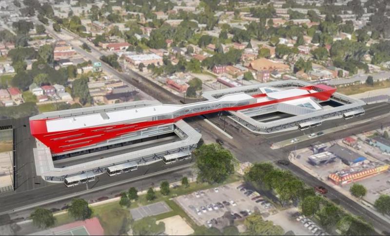 Rendering of the new station, including the sky bridge.