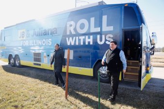 Lieutenant governor-elect Juliana Stratton and J.B. Pritzker with their campaign bus.