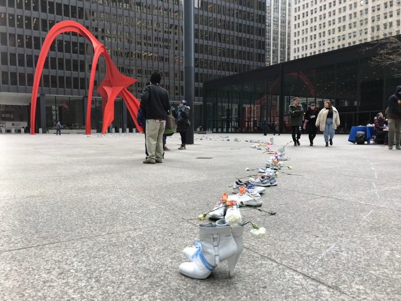 The 132 pairs of white-painted shoes in Federal Plaza. Photo: John Greenfield