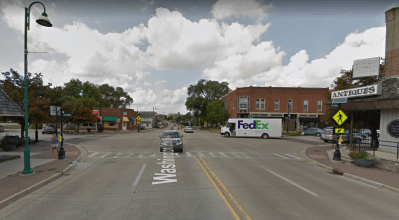 Washington is a four-lane highway with few stoplights that bisects Oswego's downtown. Beverly Zanko was struck one block west of Main Street. Image: Google Maps