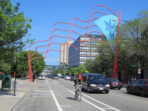 The Division Street bike lanes in Humboldt Park. Photo: John Greenfield