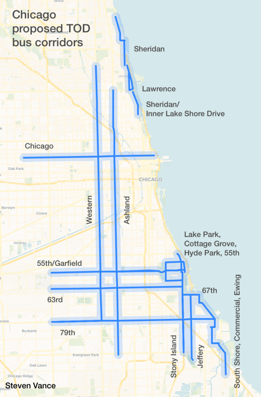 Within a quarter mile of these bus route segments, the usual parking requirements for new developments would essentially be waived. Map: Steven Vance