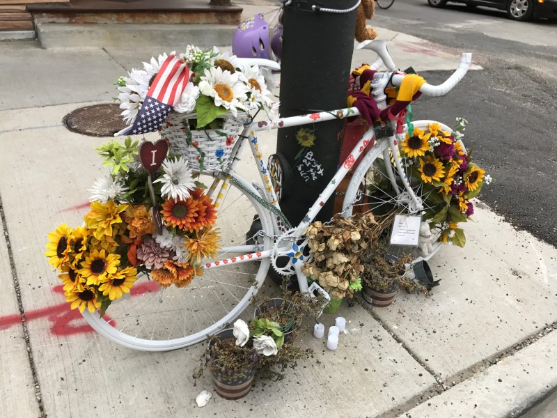 Ghost bike memorial for Anastasia Kondrasheva, who was fatally struck by a flatbed truck driver at Addison and Damen in September 2016. Photo: John Greenfield