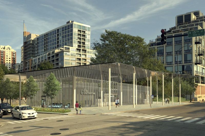 Rendering of the new Red Line station at the first proposed location, the southeast corner of 15th and Clark.