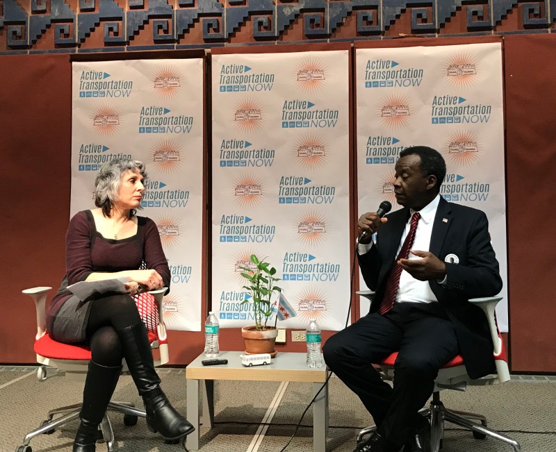 Moderator Mary Wisniewski, transportation reporter for the Tribune, and mayoral candidate Willie Wilson. Photo: Lynda Lopez