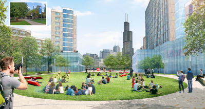 Rendering of proposed mixed-use housing and a new event lawn on the campus.
