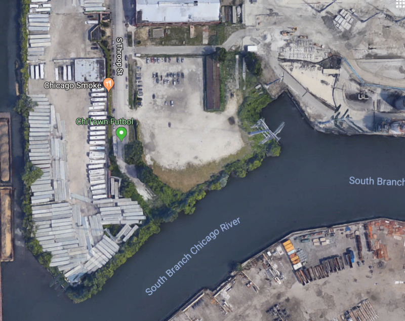 The park will be located east of Throop on the north band of the Chicago River. Image: Google Maps