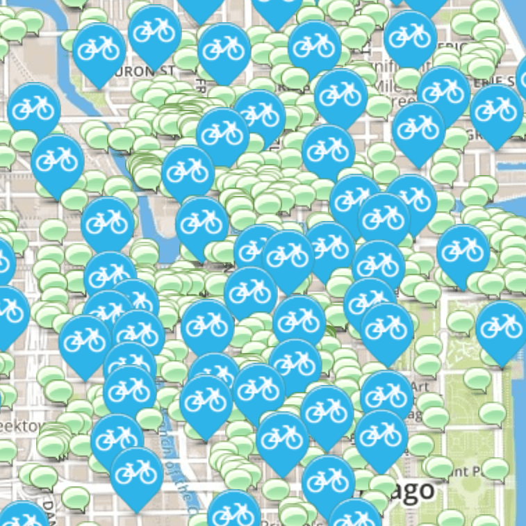 Screen shot from the Divvy suggestion map. Blue pins are existing stations and green bubbles are requested locations.