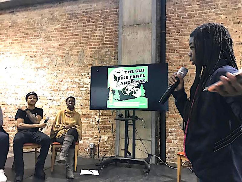 Aaron Davis, Xia Xiang W., and and audience member asking a question at the BLK Bike Panel. Photo: Lynda Lopez