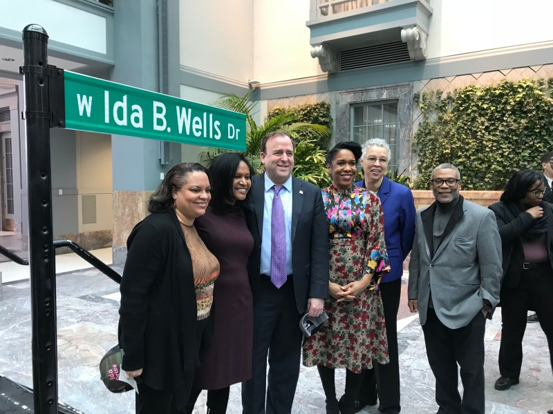 Michelle Duster, great-granddaughter of Ida B. Wells; South Loop alderman Sophia King;
downtown alderman Brendan Reilly; Illinois lieutenant governor Juliana Stratton; Cook county board president; mayoral candidate Toni Preckwinkle; and west side alderman Walter Burnett. Photo: John Greenfield