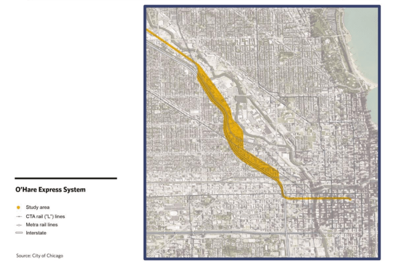 A diagram of the O'Hare Express study area from the CMAP analysis.