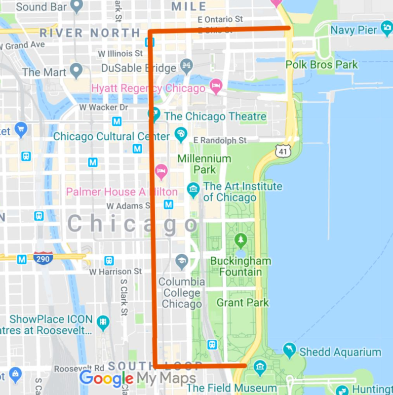 Pickups and dropoffs will be banned in the area bounded by Ohio, State, Roosevelt, and the lake. Image: Google Maps