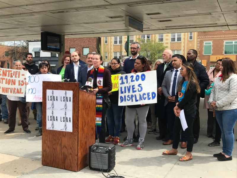 Reverend Paula Cripps-Vallejo of the Logan Square Ecumenical Alliance speaks at this morning's press conference. Photo: Lynda Lopez