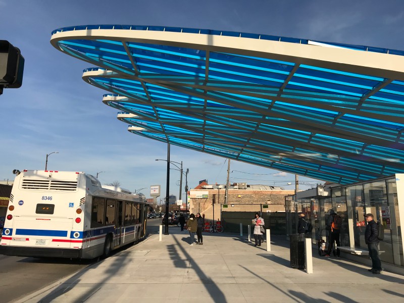 The fancy new canopy may not do much to shelter customers waiting for buses from blowing rain and snow. Photo: John Greenfield
