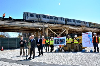 44th Ward alderman Tom Tunney; 48th Ward Alderman Harry Osterman; Mayor Rahm Emanuel, and CTA President Dorval R. Carter, Jr. at this morning's presser in a CTA lot in the 3400 block of North Clark Street.
