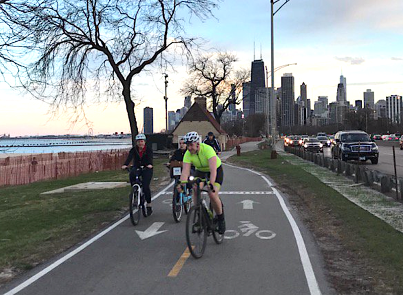 A road bike rider passes other cyclists on the Lakefront Trail south of Fullerton. Photo: John Greenfield