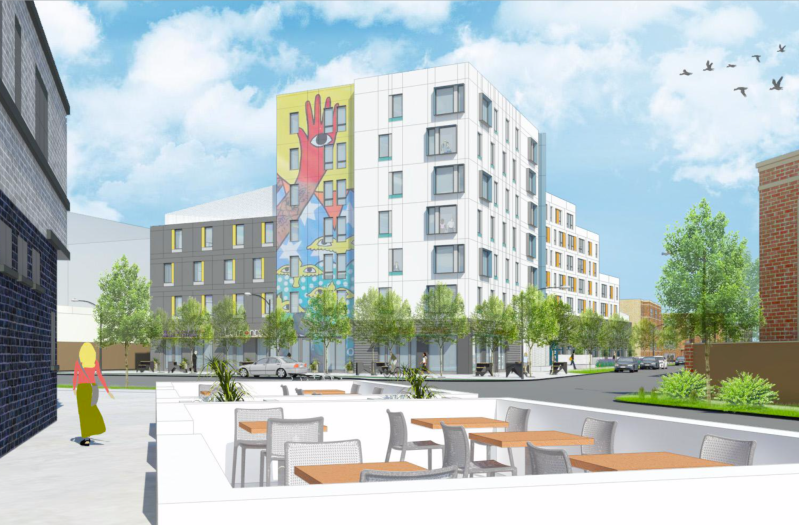Rendering of the affordable TOD as seen from the Longman & Eagle sidewalk cafe on Schubert.