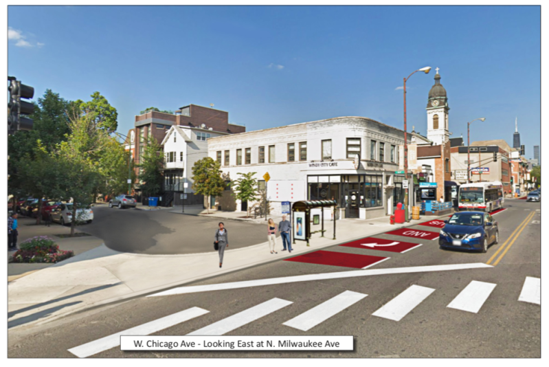 Rendering of the new cul-de-sac and bus boarding area at Chicago and May.