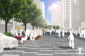 A rendering of a redesigned Peachtree Street that gives pedestrians free roam. Image: Atlanta City Studio