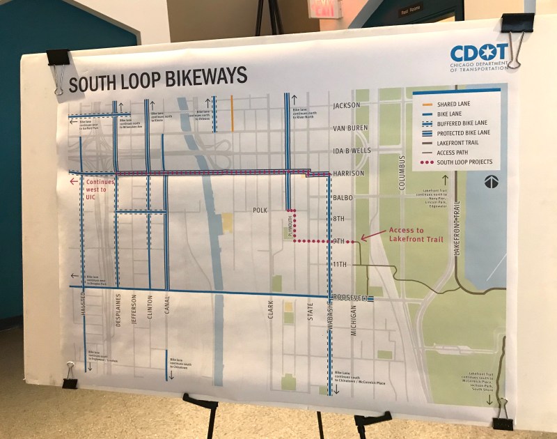 Concrete protection will be added on Harrison, and a new low-stress route will connect the Dearborn protected lane with Grant Park.