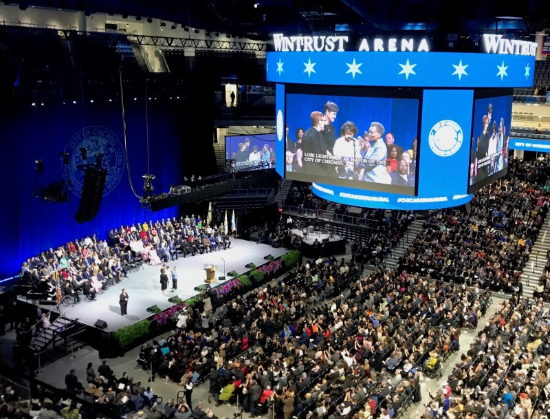 Lightfoot is sworn in as mayor at this morning's inauguration in Wintrust Arena. Photo: John Greenfield